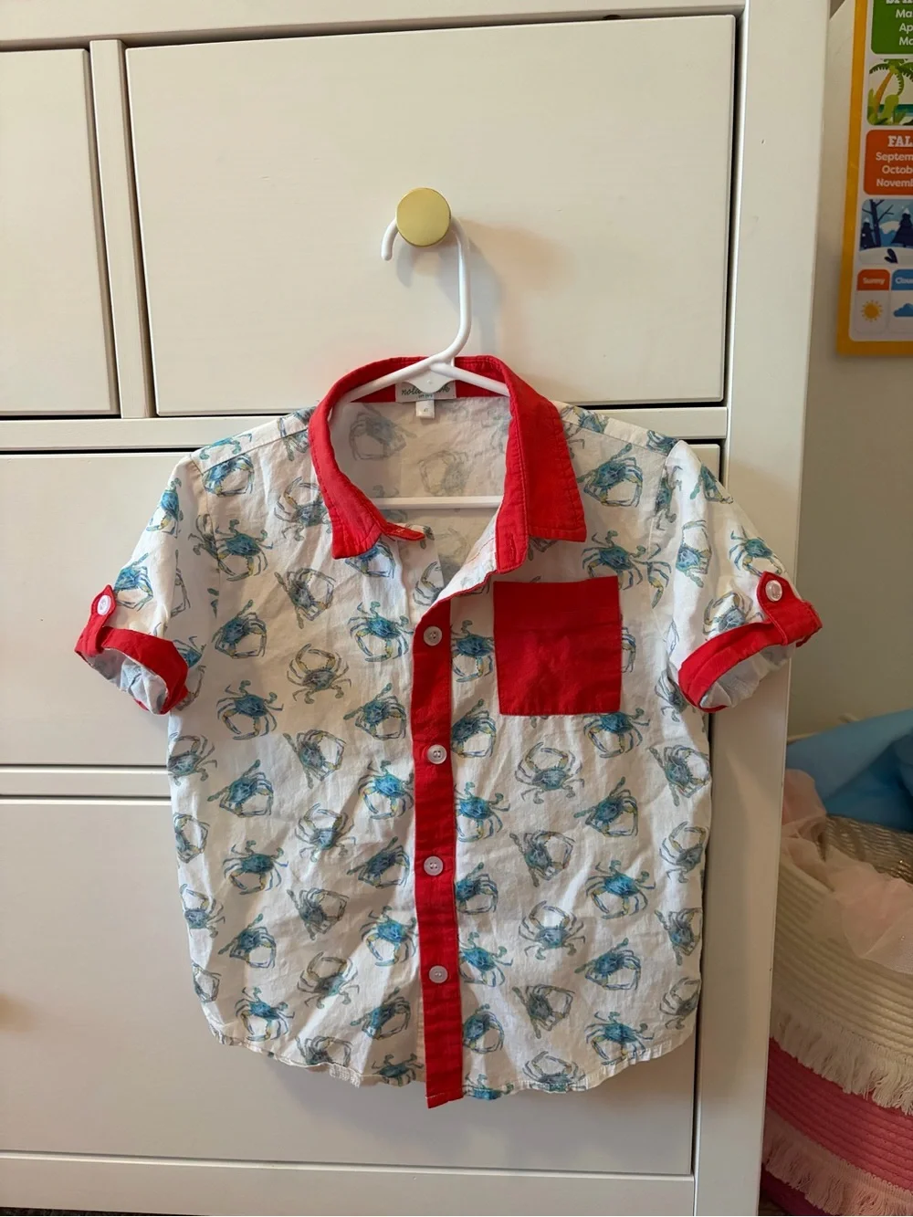 Nola Tawk Crab Shirt Boys 4T Blue Watercolor Coastal Button Up